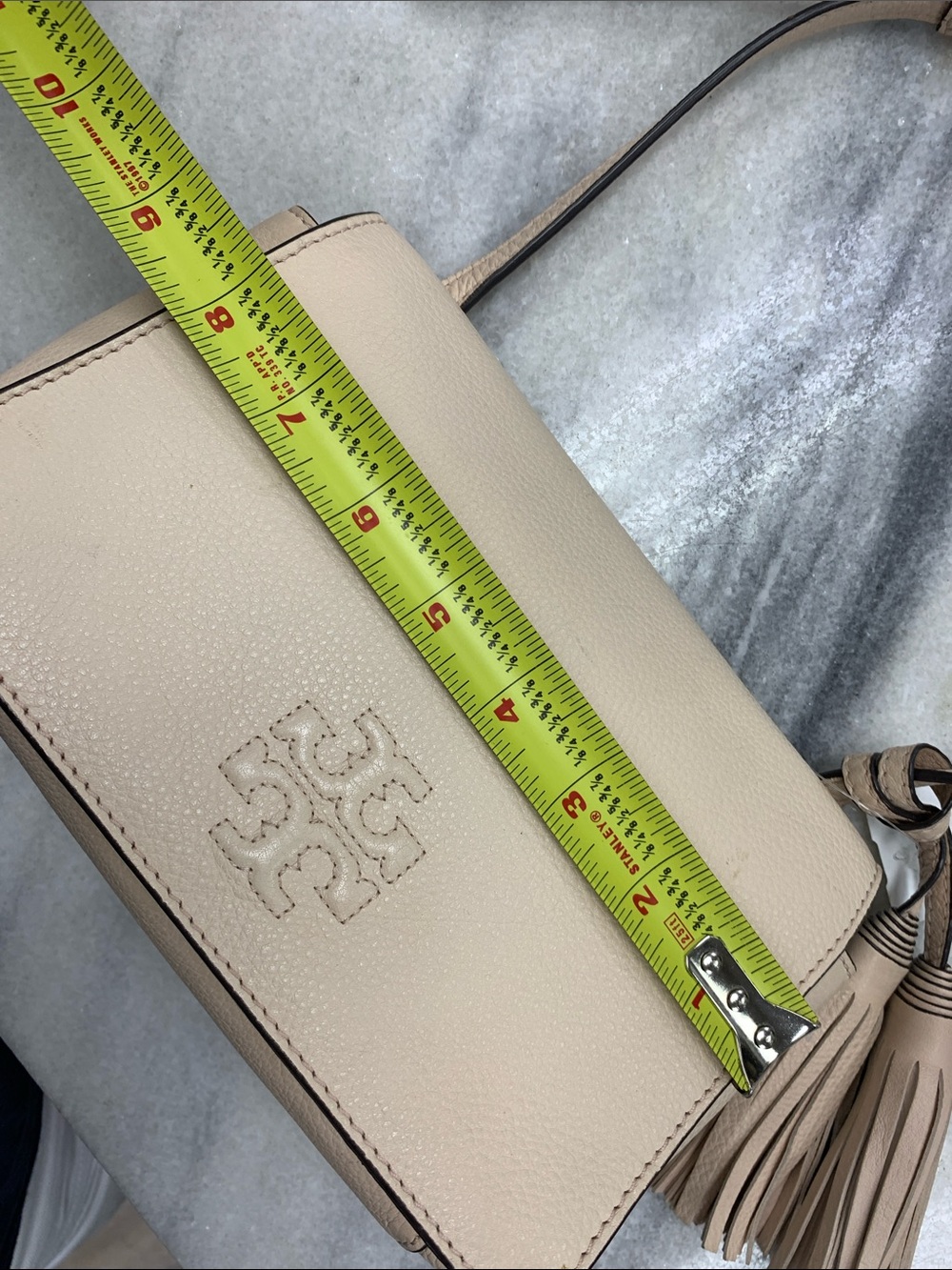 Tory Burch Neutral Beige Pebbled Leather Crossbody with Tassel - Picture 5 of 8